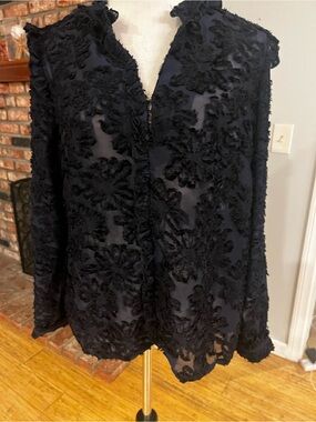 Alberto Makali $150 floral appliqué sheer blouse